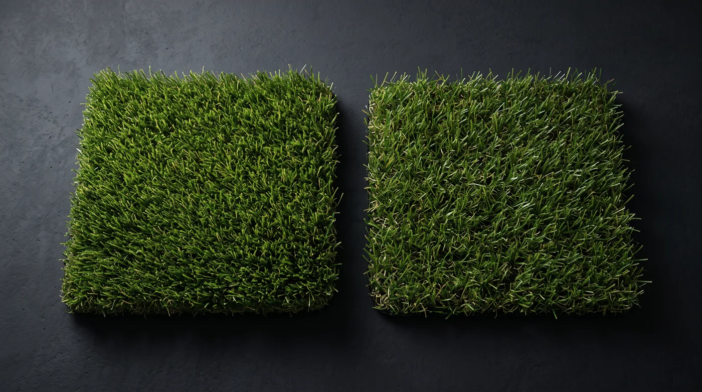 A dense heavy-face turf swatch next to a lighter sparser one