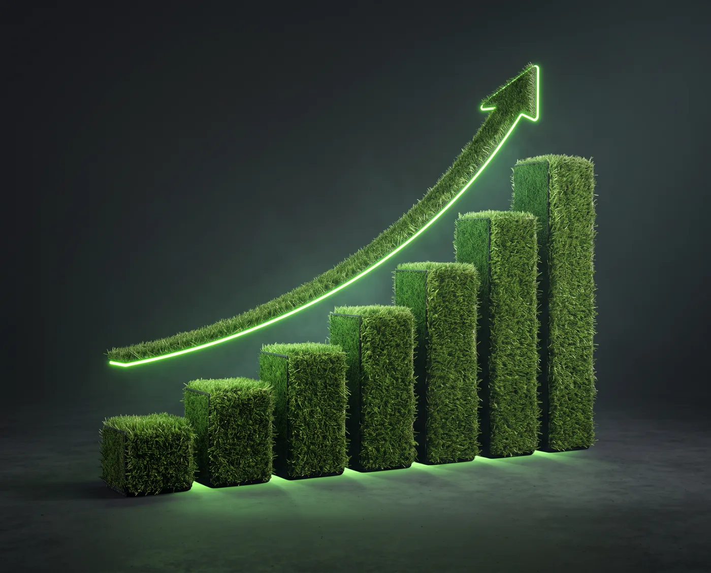 Factory-direct savings, a rising bar chart made of artificial grass