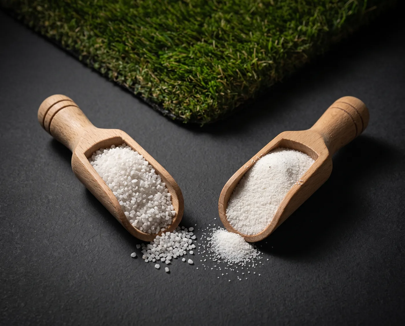 Two scoops of silica sand infill, coarse and fine, beside a turf swatch