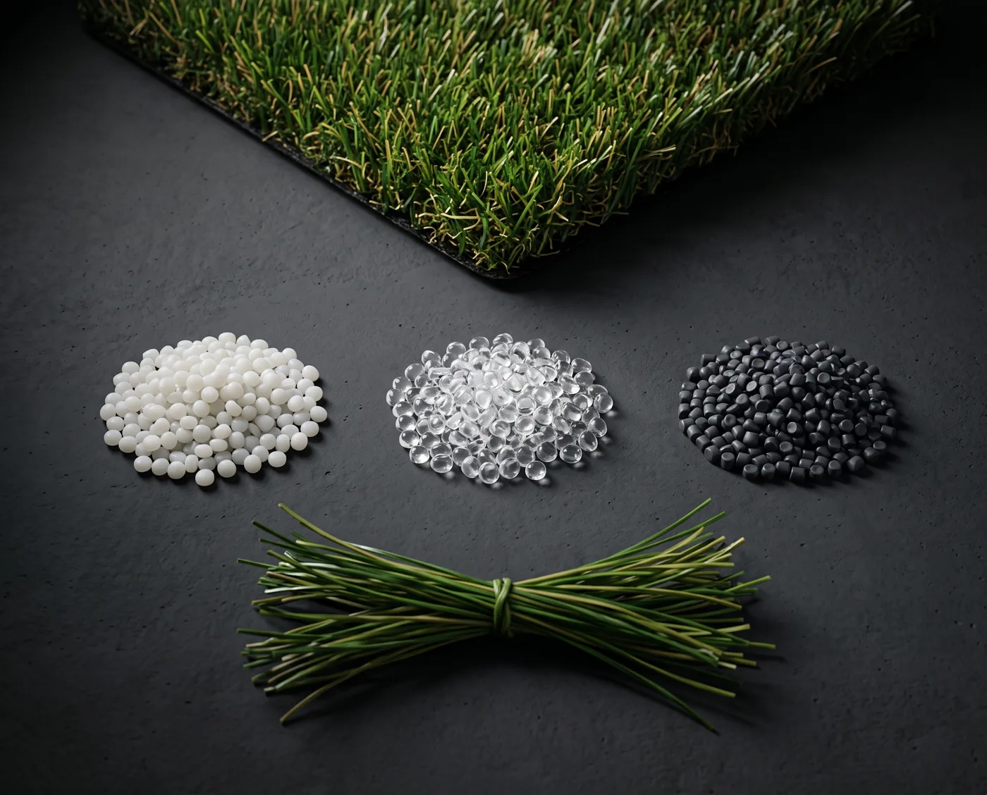 Turf fiber materials, raw plastic pellets and green fiber beside a turf swatch