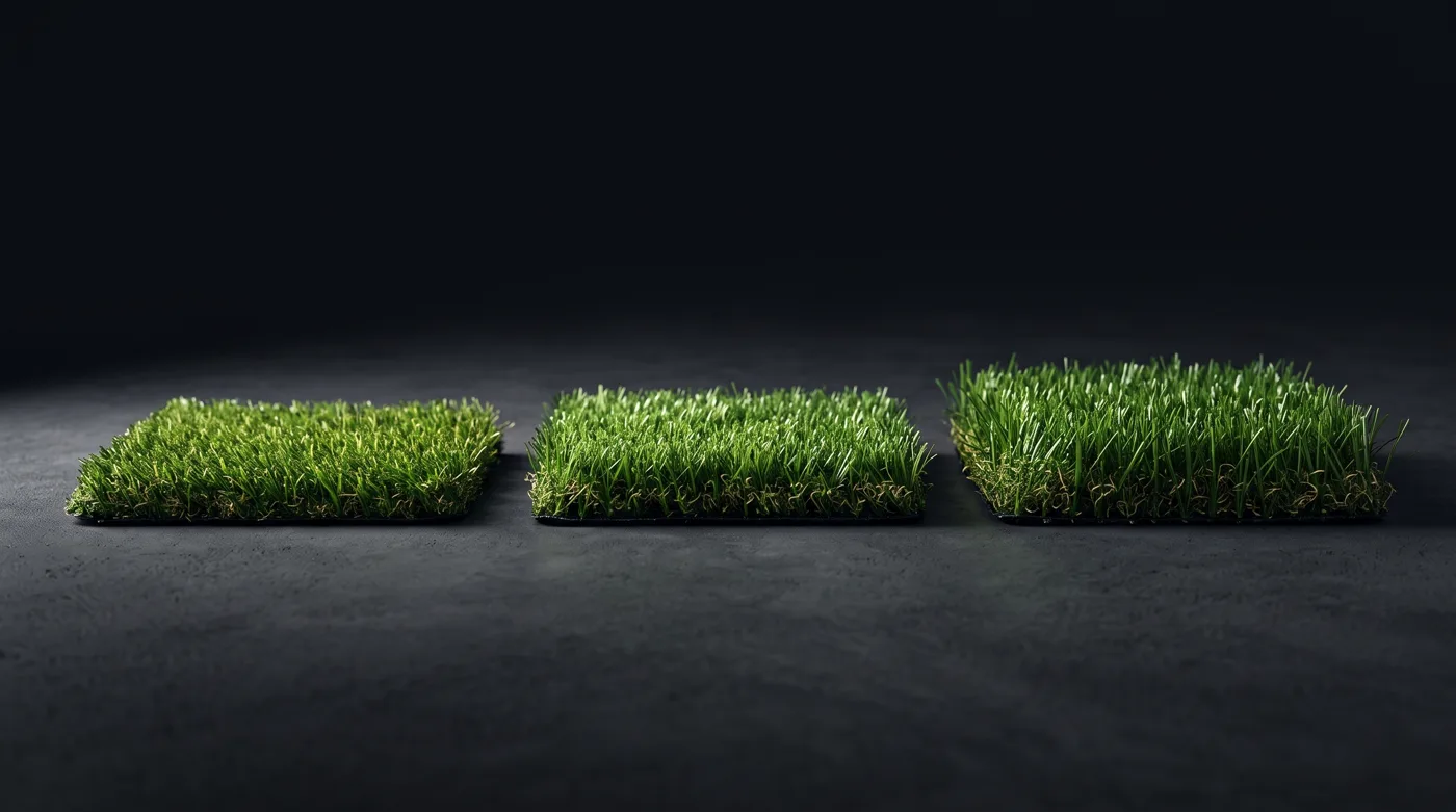 Three turf swatches with short, medium, and tall pile heights
