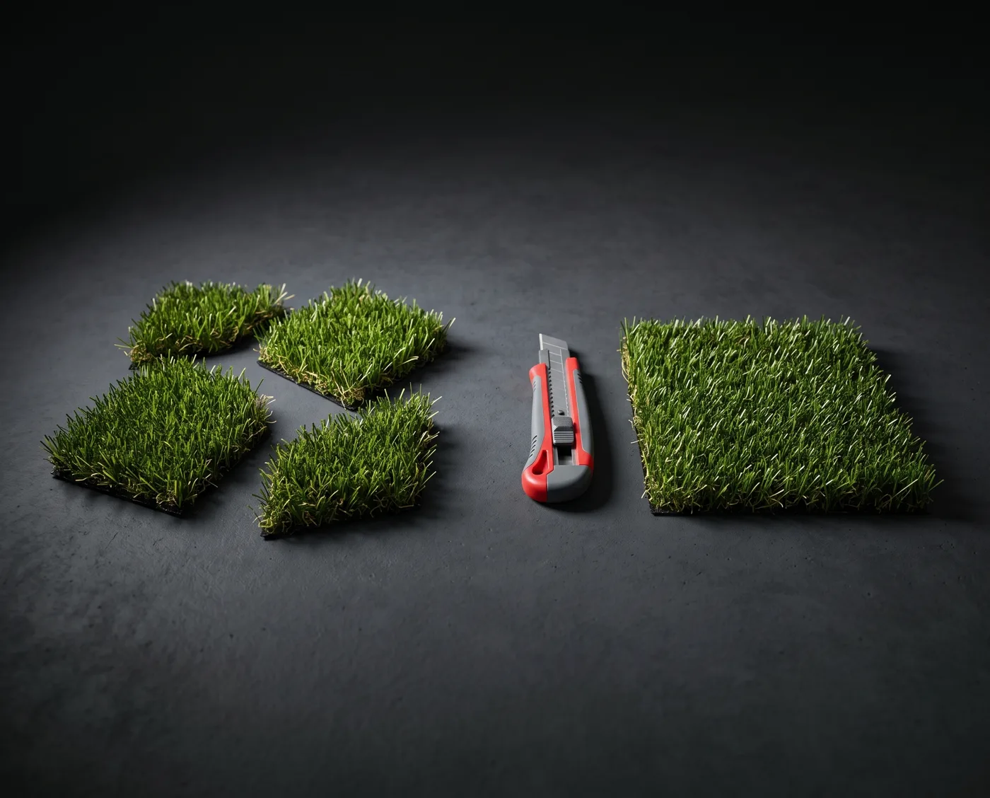 Irregular turf remnant offcuts next to one clean straight-cut piece