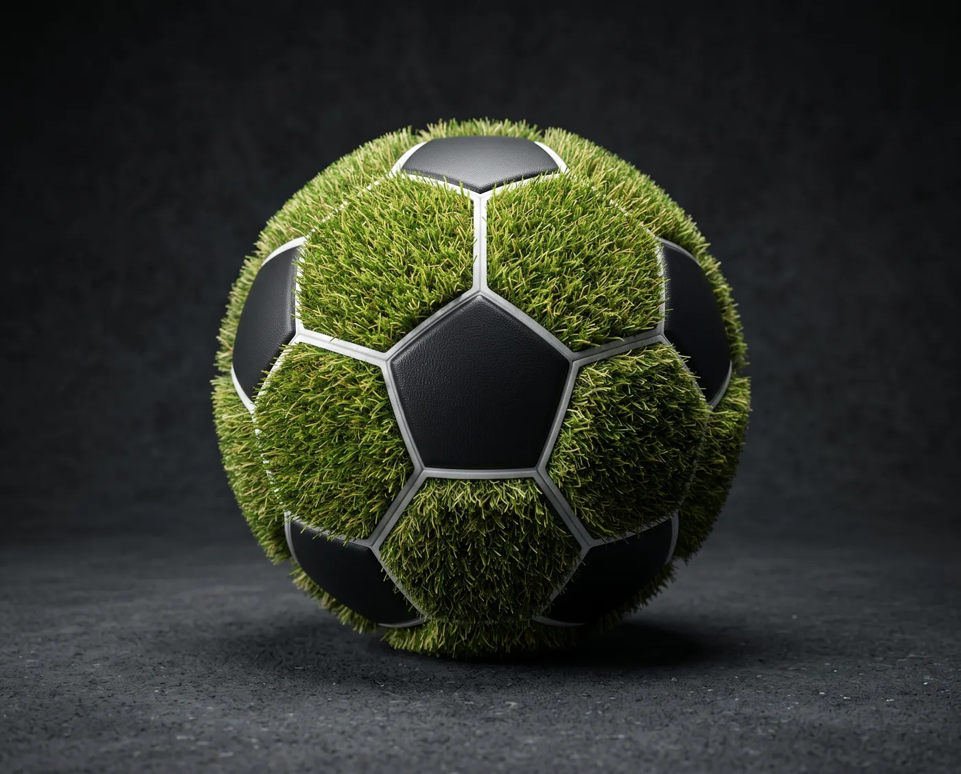 Choosing sports turf, a soccer ball paneled in artificial grass