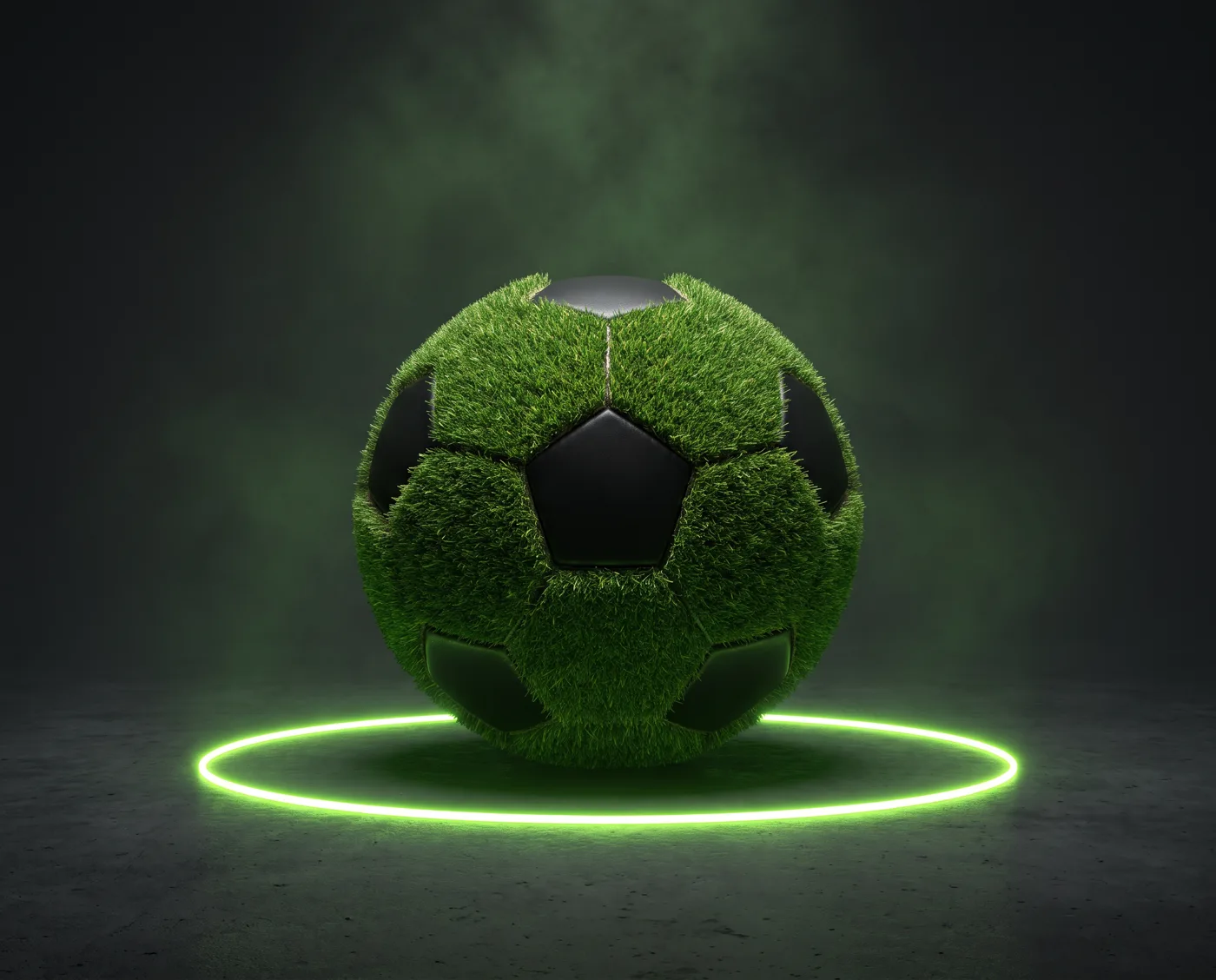 A soccer ball paneled in artificial grass in a glowing center circle