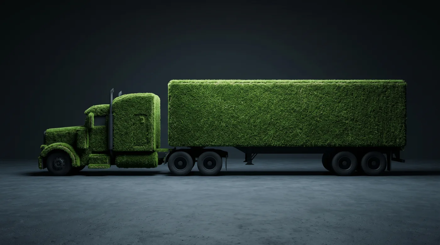 Truckload turf freight, a semi truck made of artificial grass